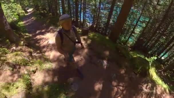 Homem de meia idade caminhadas na Suíça montanhas — Vídeo de Stock