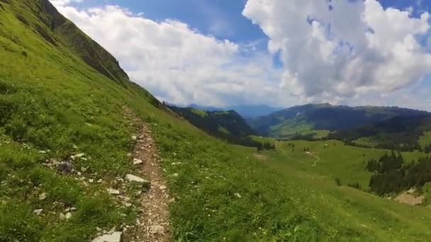 Wandern auf einem Pfad in den Schweizer Bergen — Stockvideo