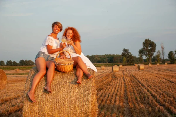 Twee mooie vrouwen hebben picnic drink witte wijnstok en plezier — Stockfoto