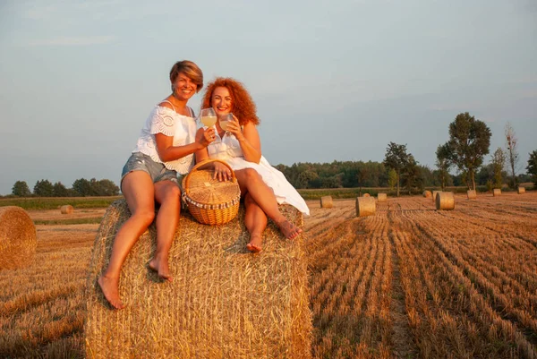 Dvě atraktivní ženy mají piknik pít bílé víno a baví — Stock fotografie