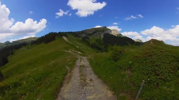 Orta yaş erkek İsviçre dağlarında hiking — Stok video