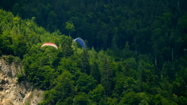 Tandem paragliders vliegen in de bergen — Stockvideo