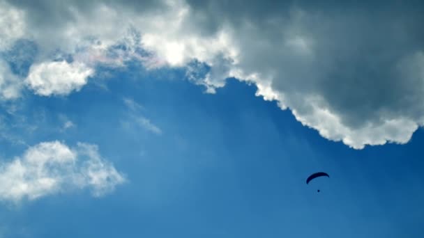 Tandem paragliders vliegen in de lucht — Stockvideo