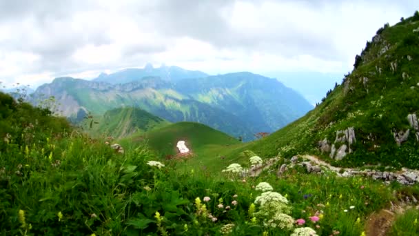 Letní čas horské panoramatické krajiny poblíž Rochers-de-naye — Stock video