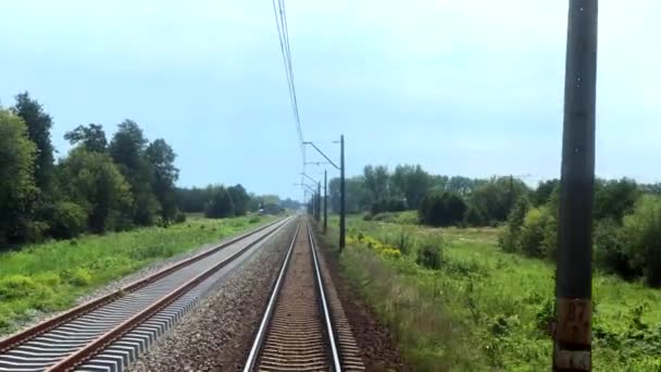 Подорож поїздом, вид на рейки через заднє вікно — стокове відео