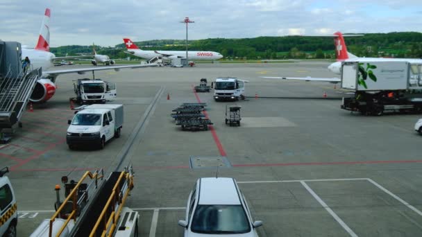 Flugzeug der Swiss Airlines rollt zum Gate — Stockvideo