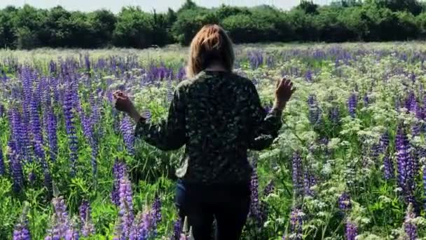 Ung Kvinna Slarvigt Promenader Blommande Äng — Stockvideo