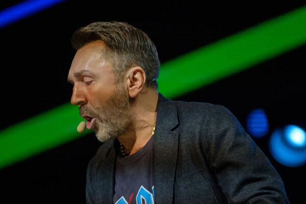 Moscow - Russia, April 23, 2018: Russian rock musician celebrity Sergey Shnurov performs at the business conference