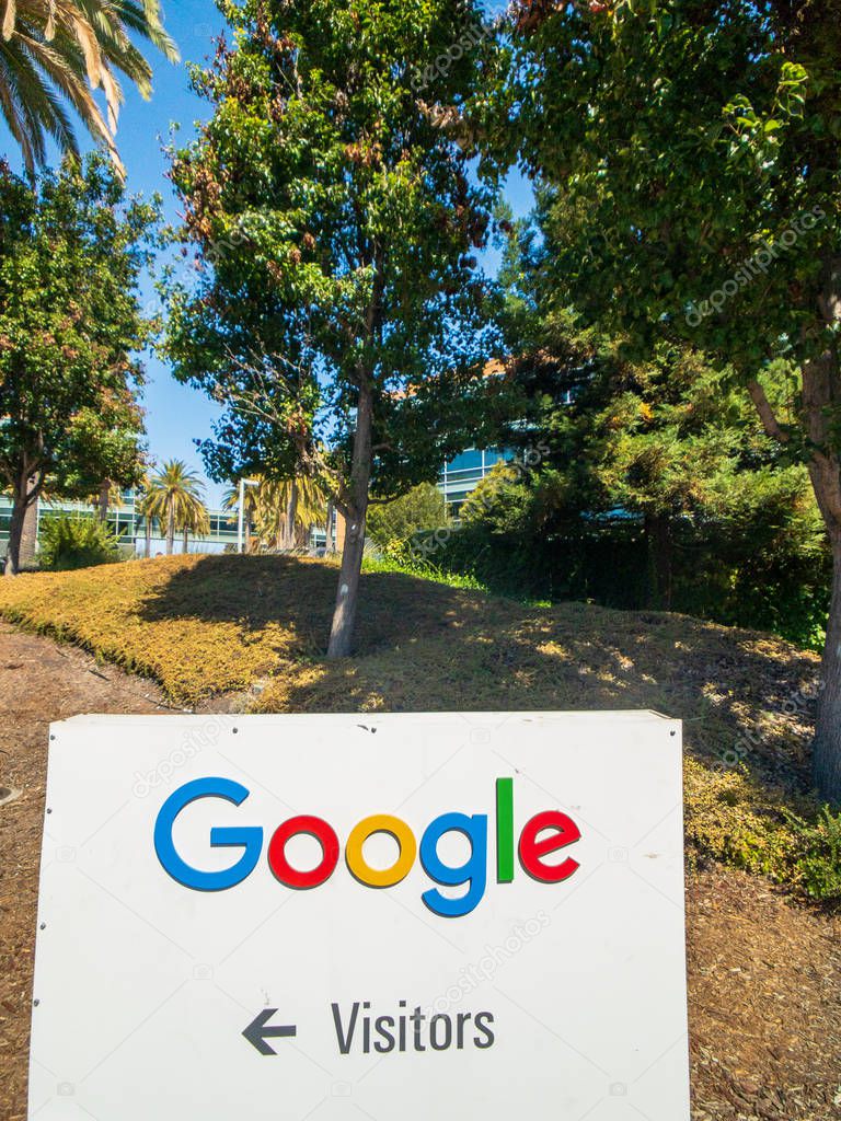 Mountain View, USA - September 25, 2018: Google logo at Googleplex headquarters main office