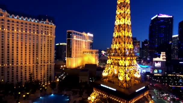 Eiffel tower at Paris casino aerial view from Ballys hotel at night — Stock Video