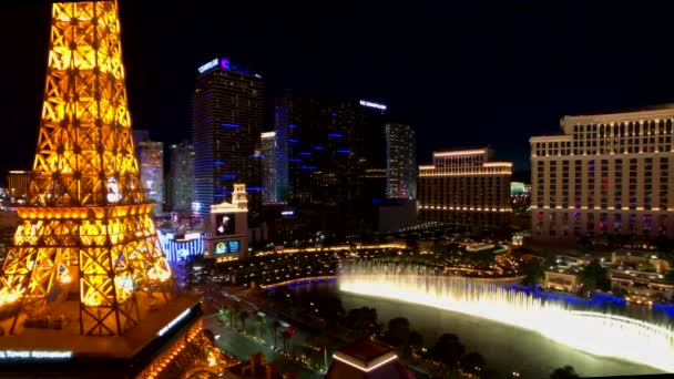 Eiffel tower at Paris casino aerial view from Ballys hotel at night — Stock Video