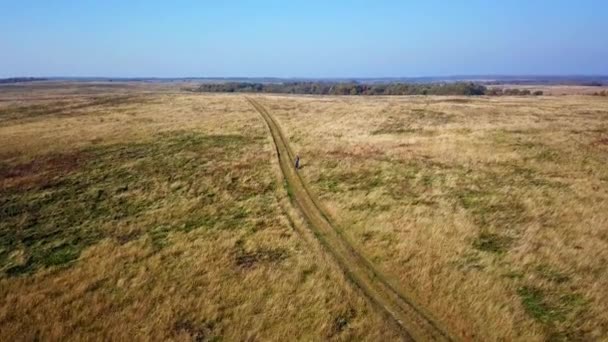 Vue aérienne d'un homme faisant du vélo sur une piste dans une prairie 