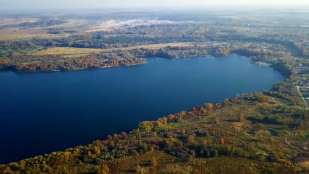 Luchtfoto landschap van het meer in het bos — Stockvideo