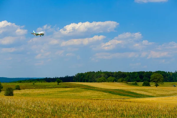 Germania airlines airplane preparing for landing at day time in international airport — Stock Photo, Image
