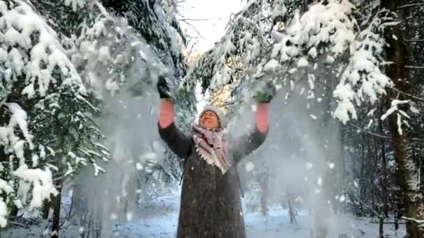 Молодая женщина, идущая по снежному лесу — стоковое видео