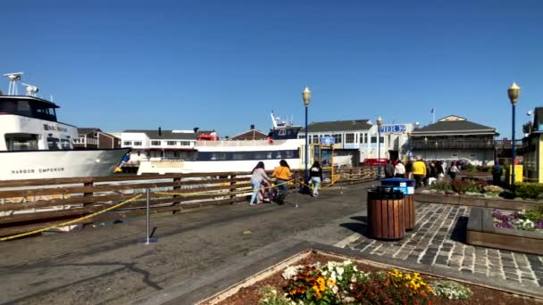 Turistler ziyaret ünlü dönüm noktası Pier 39 — Stok video