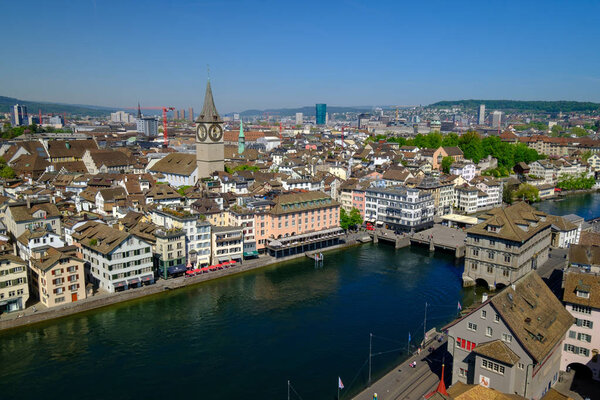 Zurich, Switzerland - July 19, 2018: Old city landmarks aerial view at sunny summer day