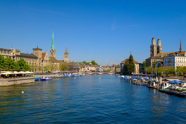Zurich, Switzerland - July 19, 2018: Old city landmarks at sunny summer day