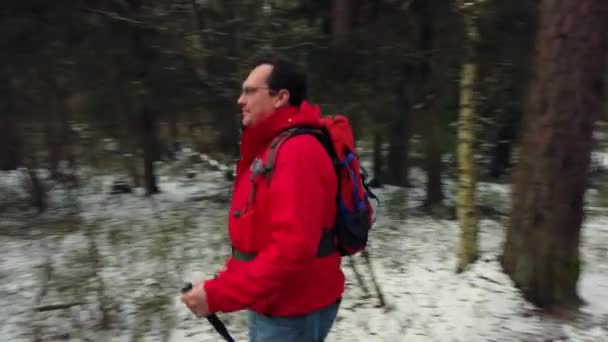 Hombre de mediana edad camina Nordic walking — Vídeos de Stock