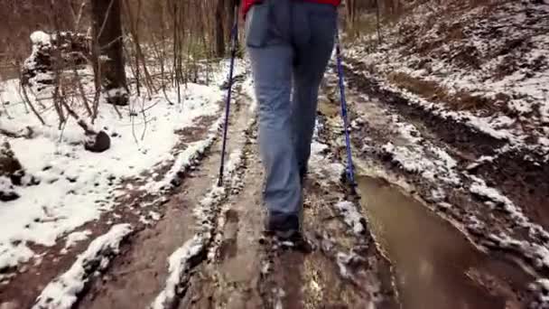 Man gaat door modder en plassen, terwijl trekking — Stockvideo