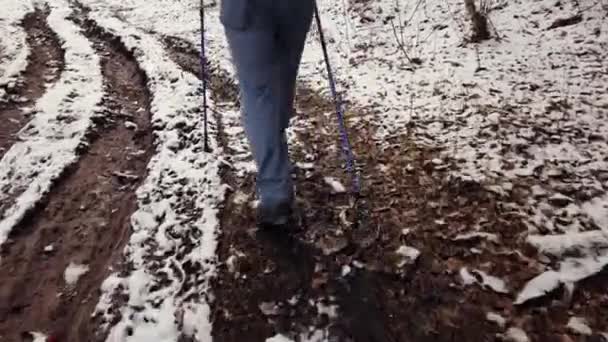 Man gaat door modder en plassen, terwijl trekking — Stockvideo