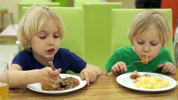 男の子の兄弟は台所で昼食を食べる — ストック動画