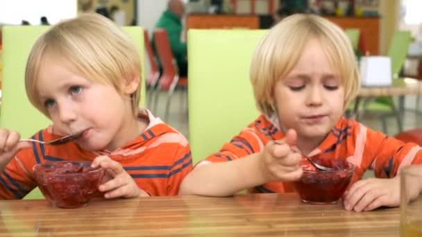 Meninos irmãos almoçam na cozinha — Vídeo de Stock