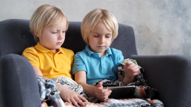 Broeders kijken of spelen of leren iets in een smartphone — Stockvideo