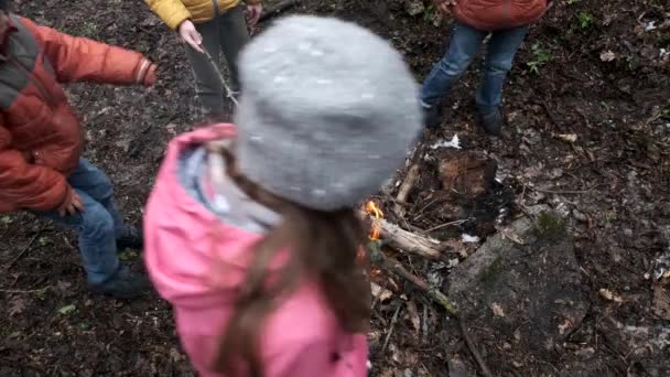Los niños hacen un fuego en el bosque — Vídeos de Stock