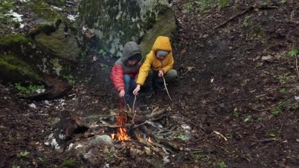 Los niños hacen un fuego en el bosque — Vídeo de stock