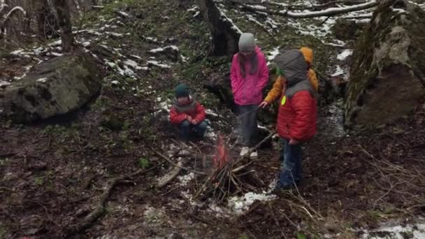 Los niños hacen un fuego en el bosque — Vídeos de Stock