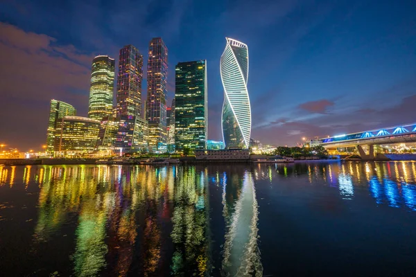 Illuminated Moscow City skyscrapers at evening — Stock Photo, Image