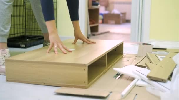 Witte middelbare leeftijd vrouw is het monteren van meubels — Stockvideo