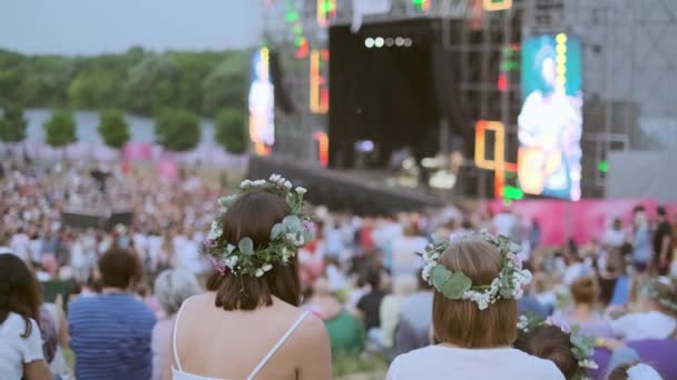 Women are watching concert at open air music festival — Stock Video