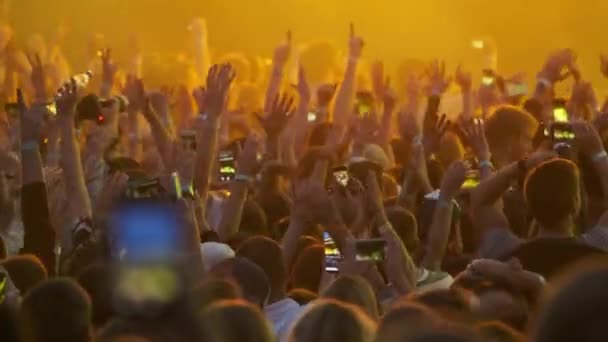 Натовп шанувальників вітає на музичному фестивалі під відкритим небом — стокове відео
