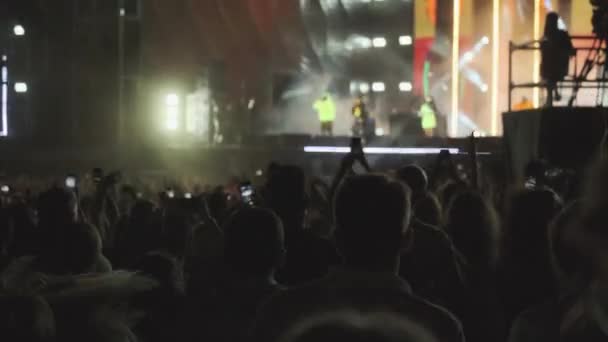 Multitud de fans animando en el festival de música al aire libre — Vídeo de stock