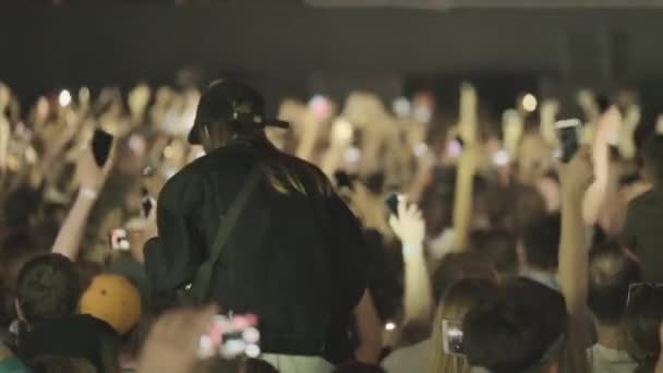 Crowd of fans cheering at open-air music festival — Stock Video