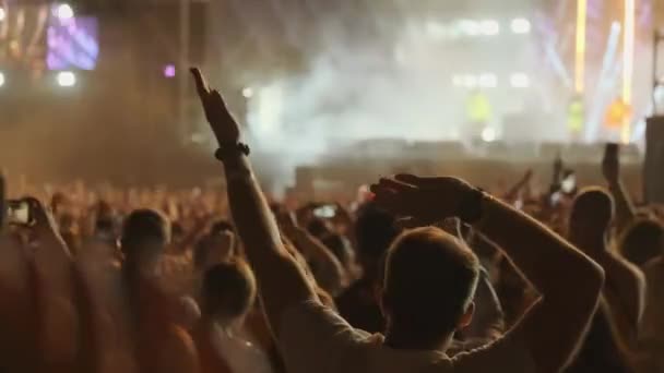 A szabadtéri zenei fesztiválon éljenzés rajongók — Stock videók