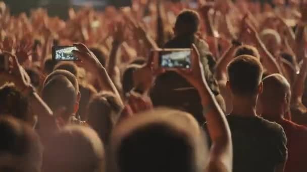 Multitud de fans animando en el festival de música al aire libre — Vídeo de stock