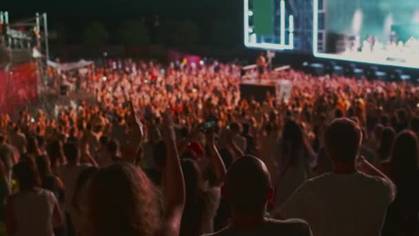 Multitud de fans animando en el festival de música al aire libre — Vídeo de stock