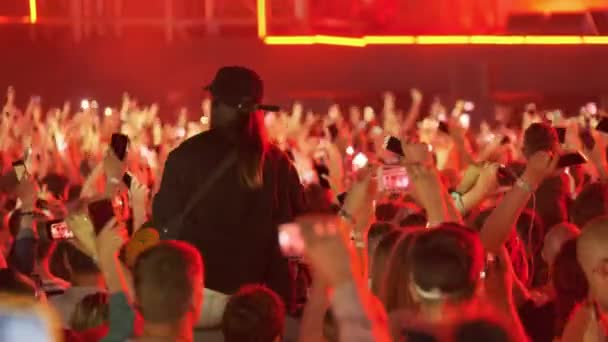 Multitud de fans animando en el festival de música al aire libre — Vídeo de stock