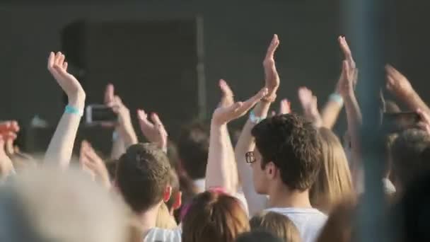 Kerumunan penggemar bersorak di festival musik terbuka — Stok Video