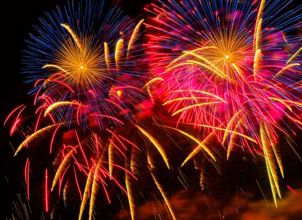 Gece gökyüzünde renkli havai fişek