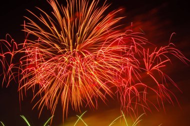 Gece gökyüzünde renkli havai fişek