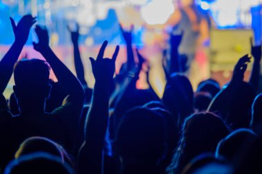 Canlı rock müzik konserinde müzisyenleri sahnede alkışlayan hayranlar