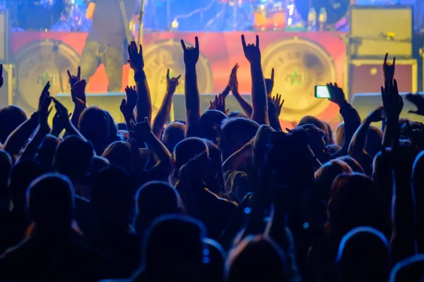 Fani kibicowania muzykom na scenie na koncercie muzyki rockowej — Zdjęcie stockowe