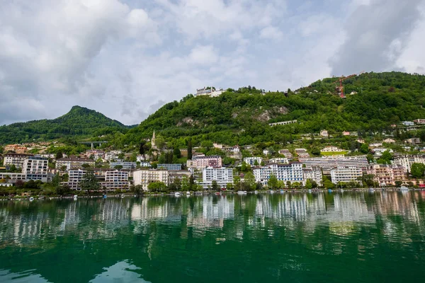 Montreux cityscape, view from ship in Geneva lake — Stock Photo, Image