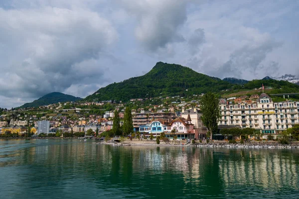 Montreux cityscape, view from ship in Geneva lake — Stock Photo, Image