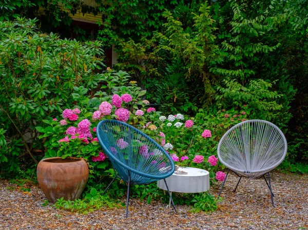 2つの屋外椅子が芝生の上に立つ — ストック写真