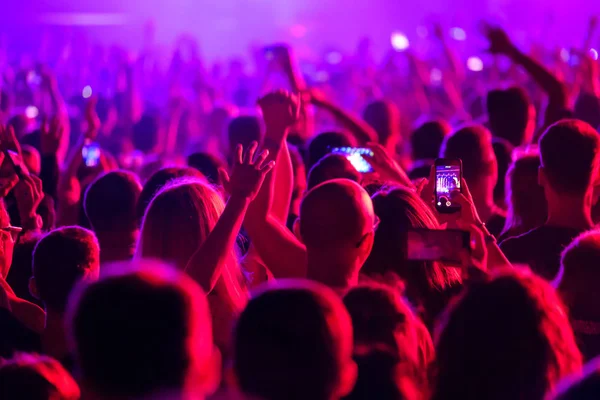 Multidão de fãs aplaudindo no festival de música ao ar livre — Fotografia de Stock